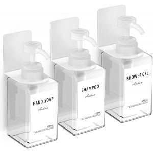 KAL-3 Pièces Distributeur De Savon 450Ml, Distributeur De Pompe À Presser Mural Avec 16Pcs Étiquettes No Perçage Pour Cuisine Et Salle De Bain - Transparent - Neuf