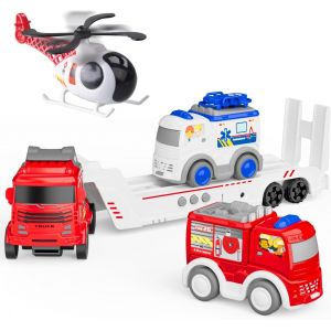 KAJGL-Camion Transporteur Voiture,Véhicules Pour Enfants,Depanneuse Jouet À Friction Avec 1 Voiture Pompier 1 Ambulance 1 Helicoptere,Trois Effets Sonores,Cadeaux De 3 4 5 6 Ans - Neuf