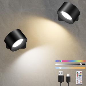 Lot De 2 Applique Murale Interieur,Usb-C Lampe Murale Sans Fil,Lampe De Chevet Murale Intensité Variable,Rotative À 360°,Commande Tactile Et Télécommande,19 Rgb Couleurs (Noir) - Neuf