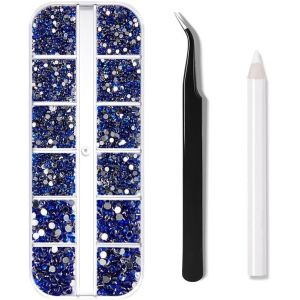Kal-Pièces Gems À Dos Plat Rond Cristal Strass,3 Tailles Strass Nail Art, Avec Pincette Pick Up Et Stylo Pointeur Strass Pour Nail Art Et La Décoration De Bijoux (Bleu Marine) - Neuf
