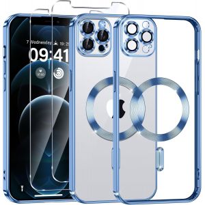 Eryi-Coque Magnétique Pour Iphone 12 Pro Max Avec 2 Pièces Verre Trempé, Compatible Avec Magsafe, Résistante Aux Rayures, Résistante Aux Chocs, Mince Et Transparente, Bleu - Neuf