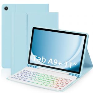 Compatible avec Samsung Galaxy Tab A9+ 2023 11 pouces (SM-X210), &eacute;tui clavier r&eacute;tro&eacute;clair&eacute; trois couleurs, prend en charge la disposition de clavier AZERTY fran&ccedil;ais. Skycloud bleu+ blanc &eacute;clair&eacute; clavier&iquest;,A9+ - Neuf