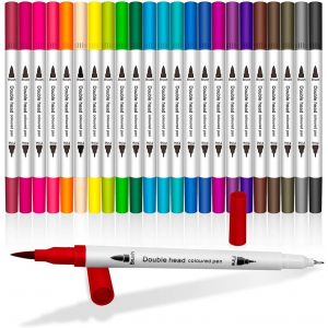 Feutre Coloriage, 24 Couleurs Double Pointes Feutre Fine 0.4mm Et Feutre Pinceau 2mm Pour Dessin Pour Bullet Journal, Mandalas, Calligraphie - Neuf