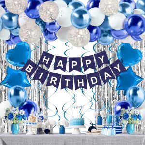 KALANKA-Decoration Anniversaire Bleu, 50 Ballons Bleu,Ballon Blanc Et Argentée, Banderole Joyeux Anniversaire, Rideau Frange Anniversaire, Kit Ballons Anniversaire Bleu Pour Deco Anniversaire Garçon - Neuf