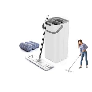 Ensemble balai plat et seau avec 4 lingettes en microfibre pour le nettoyage de la maison et du bureau - Neuf
