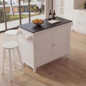 &Icirc;lot de cuisine HWC-P61 avec 2 tabourets, armoire de cuisine, tiroir, compartiments de rangement, MDF 90 x 120 x 45 cmblanc, aspect marbre noir - Neuf