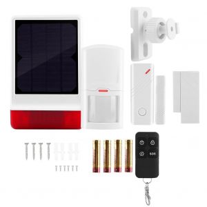 Systeme d'alarme de securite antivol sans fil a sirene solaire 433 MHz, 1 aimant de porte, 1 detecteur de mouvement PIR, 1 telecommande - Neuf
