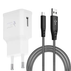 JGD-Chargeur Rapide Adaptatif avec C&acirc;ble de Charge Rapide en Nylon USB-C 2M Compatible avec Samsung Galaxy S8/S9/S10 Plus/S10e/S20/S21/S22/A51/A52/A53/A40/A30/A20/Z Flip3, Z Flip4/Note 8/9/10, LG, HT - Neuf
