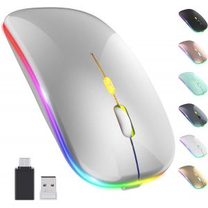SAYTAY Souris sans Fil LED Rechargeable Slim Silent Mouse 2.4G Portable Mobile Optique Souris de Bureau avec R&eacute;cepteur USB & Type-c 3 DPI R&eacute;glables Argent ST-001 - Neuf
