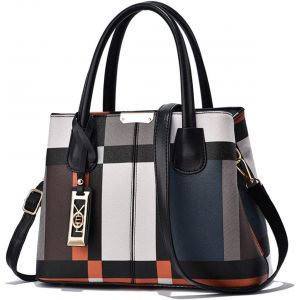 SJZG-Sac &Agrave; Main Femmes Sac Classique Pour Femme Sac Epaule Multicolore Sacs Bandouli&egrave;re Rayures Sacs Port&eacute;s Main En Pu Cuir Sac Crossbody Avec Pendentif Noir - Neuf
