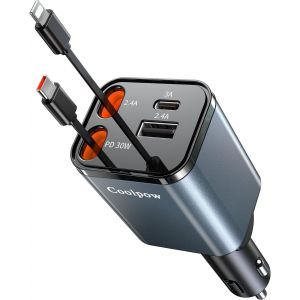 MEVRONISSHOP-4 en1 Chargeur Allume Cigare Voiture USB CC&acirc;ble R&eacute;tractableChargeur Voiture avec USB-C/USB-A Chargeur Voiture Chargement Prise Allume Cigare 12V/24V Accesoire Voiture Car Charger pour iP - Neuf