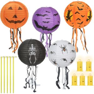 Senior-Lot De 5 Lampions D'Halloween - Lanternes Led En Papier - Lanternes En Papier - Abat-Jour En Papier Pliable - Citrouille Araignées - Lanterne À Suspendre Pour La Maison, Les Fêtes, Ha[L367] - Neuf