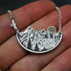 Vall&eacute;e & Coucher De Soleil Collier Plaqu&eacute; Argent Alliage Paysage Naturel Pendentif Semi-Circulaire Bijoux Cadeau Pour Les Femmes Hommes Nouveau - Neuf