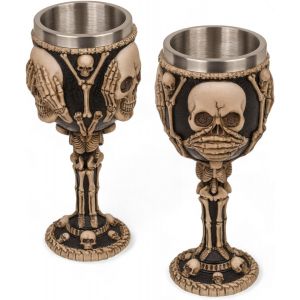 Gobelet À Vin En Forme De Tête De Mort 3d-Gobelet En Pierre Artificielle Et Acier Inoxydable-Cruche Viking Médiévale-Capacité De 300 Ml (Ne Vois Pas,N'entend Pas,Ne Parle Pas) - Neuf
