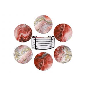 Ensemble De 6 Dessous De Verre Ronds En Marbre Avec Base En Li&egrave;ge Et Support En M&eacute;tal - Neuf