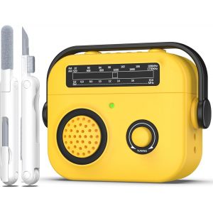 pour &Eacute;tui AirPods 4, Coque de Protection en Silicone Antichoc Compatible avec AirPods 4 G&eacute;n&eacute;ration, Coque Protectrice Design Radio Vintage avec Mousqueton, LED Frontale Visible,Jaune - Neuf