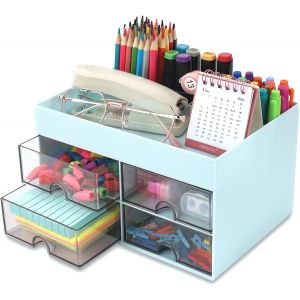 Organisateur de Bureau avec 4 Tiroirs, 19CM x 14CM Organisateur de Bureau Multifonctionnel Porte-Stylo de Grande Capacité Organisateur de Maquillage pour Bureau École Maison Tableau (Bleu) - Neuf