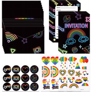 Trahoo-Invitation Anniversaire Thème Néon, 12 Cartes Invitations Blacklight À Gratter Avec Enveloppes Autocollants Et 4 Tatouages Pour Enfant Fille Garçon Bal Soirée Fête - Neuf