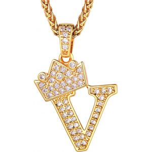 Kales-Collier Lettre V,Pendentif Initiale Pr&eacute;nom Plaqu&eacute; Or Lettre V,Bling Brillant Hip Hop Bijoux Alphabet Pendentif Couronne En Strass Avec Cha&icirc;ne Or R&eacute;glable 55+5 Cm Pour Homme Femme - Neuf