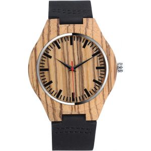 Montre En Bois De Bambou Homme,Avec Sangle En Cuir Pleine,Le Bois Montre Bracelet,D&eacute;contract&eacute;e Montre &Agrave; Quartz,Marron Et Noir - Neuf