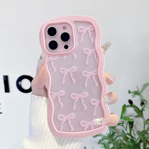 Noeud Etui Pour Iphone 15 Pro Max, Coque Transparente Avec N?ud Ruban Et Vague Boucl&eacute;e Esth&eacute;tique, Housse Papillon Protectrice En Silicone Souple Tpu Antichocs Pour Femmes Filles - Rose - Neuf