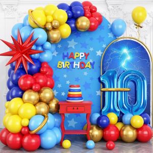 AYUHR-Arche de ballons rouge, bleu, jaune, kit de guirlande de ballons bleu roi métallisé doré métallisé, tour de ballons en aluminium en forme de chiffre 3 pour enfants de 3 ans, décoration de fête - Neuf
