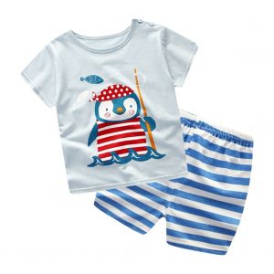 Ensemble T-Shirt Et Short A Manches Courtes Pour Bebe, Motif Animal Mignon Bleu (90) - Neuf