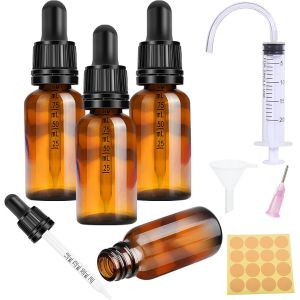 Pipette 20ml en Verre Ambré 4 Pcs-Flacon Compte-Gouttes pour Huile Essentielle Vide avec 6 Pièces d'Accessoires - Neuf
