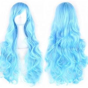 Kalanka-80cm Longue Perruque De Cosplay De Cheveux Naturels Boucl&eacute;s Avec Une Frange Color&eacute;e Halloween Costume Party Perruques Pour Les Femmes (Bleu Ciel) - Neuf