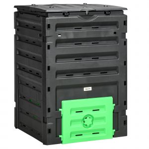 Composteur de jardin 450L 80 a&eacute;rations 2 trappes coulissantes toit ouvrant noir vert - Neuf