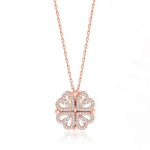 Collier Trefle A Quatre Feuilles En Argent Avec Pendentif Petit Cour Convertible Ouvert, Bijoux En Or Rose - Neuf