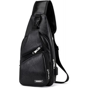 nzqaf-Sac de Poitrine Homme en Cuir PU, Étanche Sacoche Bandoulière Rétro avec USB Ports, Grande Capacité pour Affaires Randonnée Cyclisme Voyage - Neuf