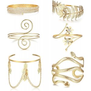 Kalsw-6 Pcs Bracelet Femme Bras Bobine Brassard Ouvert Manchette Supérieur Déesse Grecque Filigrane Tourbillon Boho Bijoux Fantaisie Réglable - Neuf