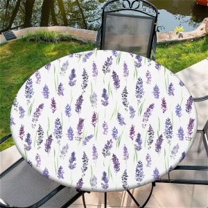SJZG-Nappe Ronde D'Extérieur Avec Élastique Ø 36"(90Cm) - Nappe De Jardin Élastique Motif Fleurs Violettes Convient Aux Tables De 75 À 85 Cm De Large - Neuf