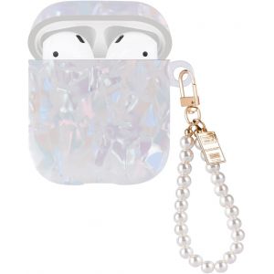 Coque Brillant pour Apple Airpod, &Eacute;tui de Protection Antichoc en Silicone Souple pour Airpods 1&2, Antid&eacute;rapant Housse de Protection pour Airpods 1&2 avec Porte-cl&eacute;s Perle - Blanc Brillant - Neuf