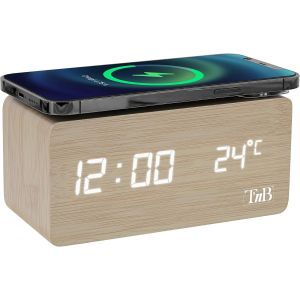 R&eacute;veil Dynamo avec Chargeur Induction 10W, 3 Alarmes Programmables, Temp&eacute;rature, Luminosit&eacute; R&eacute;glable, Mode Week-End, Horloge Num&eacute;rique Effet Bois - Couleur Bois - Neuf