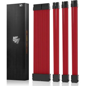 Extension de câble PSU, Kit de câbles gainés pour GPU/CPU, Rallonge de câble d'alimentation 16AWG avec Peignes de câble, 24PIN/(6+2) PIN/(4+4) PIN, 30CM, Rouge - Neuf