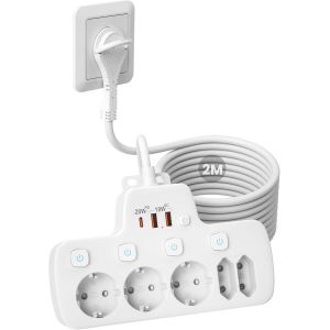 Multiprise USB C,5 Prises avec Interrupteur Individuel,Prise Multiple Murale avec Chargeur Rapide PD20W et QC18W,Bloc Electrique Parafoudre Rallonge Câble Court 0,1 m pour Bureau de Cuisine,Blanc - Neuf