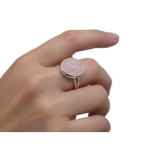 Bague Ajustable Quartz Rose Naturel (Rond 12mm) - Laiton Plaqu&eacute; Argent - Neuf