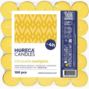 Horeca Candles - Bougies Chauffe-plat Citronnelle - Lot de 100 Bougies Parfum&eacute;es - Dur&eacute;e de Combustion 4 Heures - Jaune - Pour l'Ext&eacute;rieur, Balcon, Pique-nique, Camping - Neuf