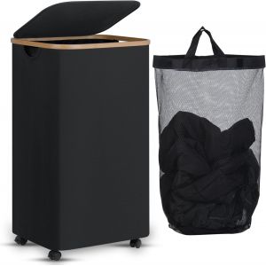 KAL-Panier À Linge Sur Roues 100L, Panier À Linge Étroit Avec Couvercle, Panier À Linge Pliable Avec Poignées En Bambou Et Sac Amovible Pour La Chambre, La Salle De Bain, La Buanderie - Neuf
