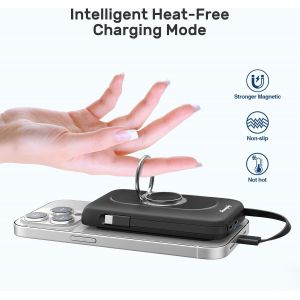 Magn&eacute;tique Powerbank avec 2 c&acirc;bles,Chargeur Portable 5 en 1 pour Apple Watch et iPhone,10000 mAh,sans Fil,avec Support annulaire,pour iPhone 16/15/14/13/12,iWatch Ultra/10-1 (Noir) - Neuf