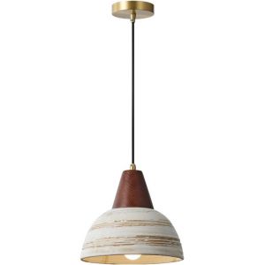 SUBZONAL-Suspension en céramique rustique avec finition bois, douille E27, câble réglable 150cm, luminaire vintage Japandi pour salon, chambre, salle à manger ou café (23cm) - Neuf