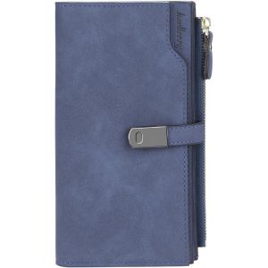CAUC-Portefeuille Femme en Cuir PU Longue Porte Monnaie Femme Grande Capacite Porte Feuilles pour Femme avec 24 Emplacements Cartes et Zipp&eacute; Pochette &agrave; Monnaie (Bleu Fonc&eacute;-L) - Neuf
