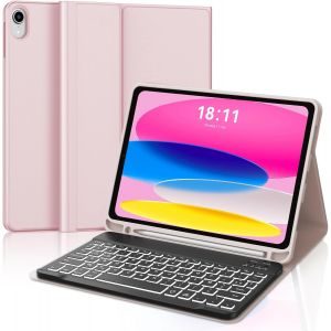 Clavier Pour Ipad A16 11 Eme/10 Eme Generation 2025/2022, Azerty Français Clavier Rétro-Éclairé Bluetooth Détachable Pour Ipad 10 Ème/11 Ème Génération A16, Rose - Neuf