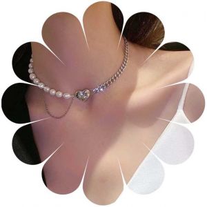 Kal-Collier Ras Du Cou En Perle Boho Argent&eacute; Collier Pendentif Coeur D'amour Collier Chunky Curb Chain Necklace Splicing Chain Necklace Bijoux Pour Femmes Et Filles - Neuf