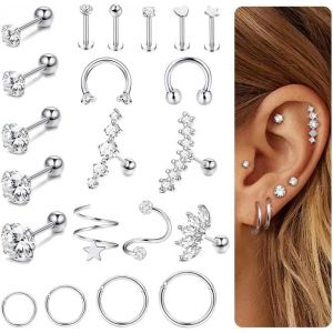 Nbgcm-21pcs Piercing Oreille Acier Inoxydable Cartilage Oreille Clicker Anneau Tragus Helix Conque Piercing Goujons Nez Lip Clicker Anneau Cz Barbell Tragus Piercings Bijoux 16g - Neuf