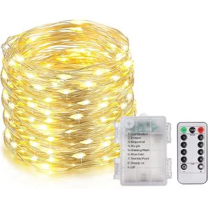 TRAHOO-Guirlandes Lumineuses &agrave; 200 LED et &agrave; Piles, 20M Fil D'argent Guirlandes Lumineuses avec T&eacute;l&eacute;commande pour Chambre, Maison, Mariage, Arbre, F&ecirc;te, No&euml;l, Int&eacute;rieur Ext&eacute;rieur IP65 - Blanc Chaud - Neuf