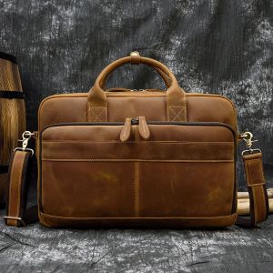 mallette en cuir de cheval fou pour hommes,sac à main d'affaires en cuir de vache 15.6 pouces,portefeuille pour ordinateur portable,sac messager à bandoulière - LIGHT BROWN - Neuf