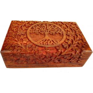 Coffre Au Trésor Décoratif En Bois Sculpté À La Main 8x5 Pouces Motif Arbre De Vie Marron - Utilisation Polyvalente Comme Rangement De Bijoux, Boîte À Montres, Idéal Pour Les Cadeaux - Neuf